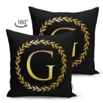 Siyah Zemin Gold Yaprak Çerçeveli G Harfi Özel Tasarım Modern Suet Yastık Kırlent Kılıfı Realhomes