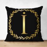Siyah Zemin Gold Yaprak Çerçeveli İ Harfi Özel Tasarım Modern Suet Yastık Kırlent Kılıfı Realhomes