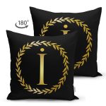 Siyah Zemin Gold Yaprak Çerçeveli İ Harfi Özel Tasarım Modern Suet Yastık Kırlent Kılıfı Realhomes