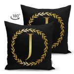 Siyah Zemin Gold Yaprak Çerçeveli J Harfi Özel Tasarım Modern Suet Yastık Kırlent Kılıfı Realhomes