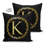 - Suet-K9571-Gorsel2 - Realhomes Siyah Zemin Gold Yaprak Çerçeveli K Harfi Özel Tasarım Modern Suet Yastık Kırlent Kılıfı Realhomes
