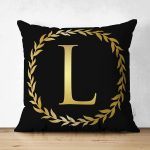 Siyah Zemin Gold Yaprak Çerçeveli L Harfi Özel Tasarım Modern Suet Yastık Kırlent Kılıfı Realhomes