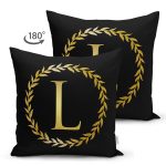 Siyah Zemin Gold Yaprak Çerçeveli L Harfi Özel Tasarım Modern Suet Yastık Kırlent Kılıfı Realhomes