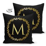 - Suet-K9573-Gorsel2 - Realhomes Siyah Zemin Gold Yaprak Çerçeveli M Harfi Özel Tasarım Modern Suet Yastık Kırlent Kılıfı Realhomes