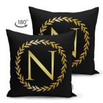 Siyah Zemin Gold Yaprak Çerçeveli N Harfi Özel Tasarım Modern Suet Yastık Kırlent Kılıfı Realhomes