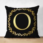Siyah Zemin Gold Yaprak Çerçeveli O Harfi Özel Tasarım Modern Suet Yastık Kırlent Kılıfı Realhomes
