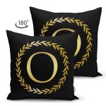 Siyah Zemin Gold Yaprak Çerçeveli O Harfi Özel Tasarım Modern Suet Yastık Kırlent Kılıfı Realhomes