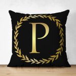 Siyah Zemin Gold Yaprak Çerçeveli P Harfi Özel Tasarım Modern Suet Yastık Kırlent Kılıfı Realhomes