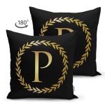 Siyah Zemin Gold Yaprak Çerçeveli P Harfi Özel Tasarım Modern Suet Yastık Kırlent Kılıfı Realhomes