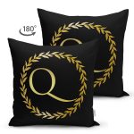 Siyah Zemin Gold Yaprak Çerçeveli Q Harfi Özel Tasarım Modern Suet Yastık Kırlent Kılıfı Realhomes