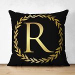 Siyah Zemin Gold Yaprak Çerçeveli R Harfi Özel Tasarım Modern Suet Yastık Kırlent Kılıfı Realhomes