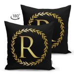 Siyah Zemin Gold Yaprak Çerçeveli R Harfi Özel Tasarım Modern Suet Yastık Kırlent Kılıfı Realhomes