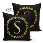 - Suet-K9580-Gorsel2 - Realhomes Siyah Zemin Gold Yaprak Çerçeveli S Harfi Özel Tasarım Modern Suet Yastık Kırlent Kılıfı Realhomes