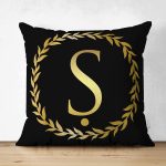 Siyah Zemin Gold Yaprak Çerçeveli Ş Harfi Özel Tasarım Modern Suet Yastık Kırlent Kılıfı Realhomes