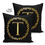 - Suet-K9582-Gorsel2 - Realhomes Siyah Zemin Gold Yaprak Çerçeveli T Harfi Özel Tasarım Modern Suet Yastık Kırlent Kılıfı Realhomes