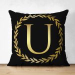 Siyah Zemin Gold Yaprak Çerçeveli U Harfi Özel Tasarım Modern Suet Yastık Kırlent Kılıfı Realhomes