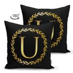 Siyah Zemin Gold Yaprak Çerçeveli U Harfi Özel Tasarım Modern Suet Yastık Kırlent Kılıfı Realhomes
