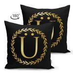 - Suet-K9584-Gorsel2 - Realhomes Siyah Zemin Gold Yaprak Çerçeveli Ü Harfi Özel Tasarım Modern Suet Yastık Kırlent Kılıfı Realhomes