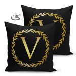 - Suet-K9585-Gorsel2 - Realhomes Siyah Zemin Gold Yaprak Çerçeveli V Harfi Özel Tasarım Modern Suet Yastık Kırlent Kılıfı Realhomes