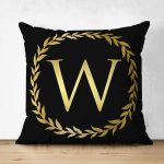 - Suet-K9586-Gorsel1 - Realhomes Siyah Zemin Gold Yaprak Çerçeveli W Harfi Özel Tasarım Modern Suet Yastık Kırlent Kılıfı Realhomes