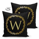- Suet-K9586-Gorsel2 - Realhomes Siyah Zemin Gold Yaprak Çerçeveli W Harfi Özel Tasarım Modern Suet Yastık Kırlent Kılıfı Realhomes