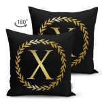 - Suet-K9587-Gorsel2 - Realhomes Siyah Zemin Gold Yaprak Çerçeveli X Harfi Özel Tasarım Modern Suet Yastık Kırlent Kılıfı Realhomes