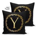 - Suet-K9588-Gorsel2 - Realhomes Siyah Zemin Gold Yaprak Çerçeveli Y Harfi Özel Tasarım Modern Suet Yastık Kırlent Kılıfı Realhomes