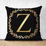 Siyah Zemin Gold Yaprak Çerçeveli Z Harfi Özel Tasarım Modern Suet Yastık Kırlent Kılıfı Realhomes