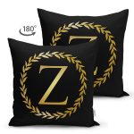 Siyah Zemin Gold Yaprak Çerçeveli Z Harfi Özel Tasarım Modern Suet Yastık Kırlent Kılıfı Realhomes