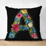 Siyah Zemin Renkli Gül Temalı A Harfi Özel Tasarım Modern Suet Yastık Kırlent Kılıfı Realhomes