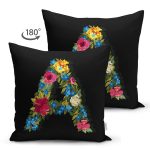 Siyah Zemin Renkli Gül Temalı A Harfi Özel Tasarım Modern Suet Yastık Kırlent Kılıfı Realhomes