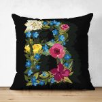 Siyah Zemin Renkli Gül Temalı B Harfi Özel Tasarım Modern Suet Yastık Kırlent Kılıfı Realhomes