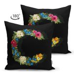 - Suet-K9593-Gorsel2 - Realhomes Siyah Zemin Renkli Gül Temalı C Harfi Özel Tasarım Modern Suet Yastık Kırlent Kılıfı Realhomes