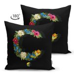 - Suet-K9594-Gorsel2 - Realhomes Siyah Zemin Renkli Gül Temalı Ç Harfi Özel Tasarım Modern Suet Yastık Kırlent Kılıfı Realhomes