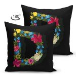 Siyah Zemin Renkli Gül Temalı D Harfi Özel Tasarım Modern Suet Yastık Kırlent Kılıfı Realhomes