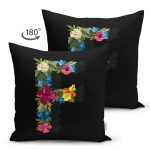 - Suet-K9597-Gorsel2 - Realhomes Siyah Zemin Renkli Gül Temalı F Harfi Özel Tasarım Modern Suet Yastık Kırlent Kılıfı Realhomes