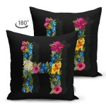 Siyah Zemin Renkli Gül Temalı H Harfi Özel Tasarım Modern Suet Yastık Kırlent Kılıfı Realhomes