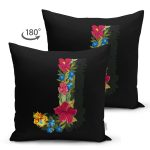Siyah Zemin Renkli Gül Temalı J Harfi Özel Tasarım Modern Suet Yastık Kırlent Kılıfı Realhomes