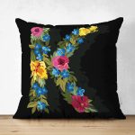 Siyah Zemin Renkli Gül Temalı K Harfi Özel Tasarım Modern Suet Yastık Kırlent Kılıfı Realhomes