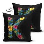 Siyah Zemin Renkli Gül Temalı K Harfi Özel Tasarım Modern Suet Yastık Kırlent Kılıfı Realhomes
