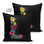 - Suet-K9604-Gorsel2 - Realhomes Siyah Zemin Renkli Gül Temalı L Harfi Özel Tasarım Modern Suet Yastık Kırlent Kılıfı Realhomes