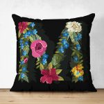 Siyah Zemin Renkli Gül Temalı M Harfi Özel Tasarım Modern Suet Yastık Kırlent Kılıfı Realhomes