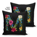 Siyah Zemin Renkli Gül Temalı M Harfi Özel Tasarım Modern Suet Yastık Kırlent Kılıfı Realhomes