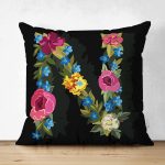 Siyah Zemin Renkli Gül Temalı N Harfi Özel Tasarım Modern Suet Yastık Kırlent Kılıfı Realhomes