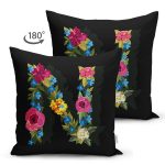 Siyah Zemin Renkli Gül Temalı N Harfi Özel Tasarım Modern Suet Yastık Kırlent Kılıfı Realhomes