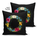 - Suet-K9607-Gorsel2 - Realhomes Siyah Zemin Renkli Gül Temalı O Harfi Özel Tasarım Modern Suet Yastık Kırlent Kılıfı Realhomes