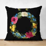Siyah Zemin Renkli Gül Temalı Ö Harfi Özel Tasarım Modern Suet Yastık Kırlent Kılıfı Realhomes