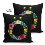 Siyah Zemin Renkli Gül Temalı Ö Harfi Özel Tasarım Modern Suet Yastık Kırlent Kılıfı Realhomes