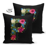 - Suet-K9609-Gorsel2 - Realhomes Siyah Zemin Renkli Gül Temalı P Harfi Özel Tasarım Modern Suet Yastık Kırlent Kılıfı Realhomes