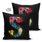 Siyah Zemin Renkli Gül Temalı S Harfi Özel Tasarım Modern Suet Yastık Kırlent Kılıfı Realhomes